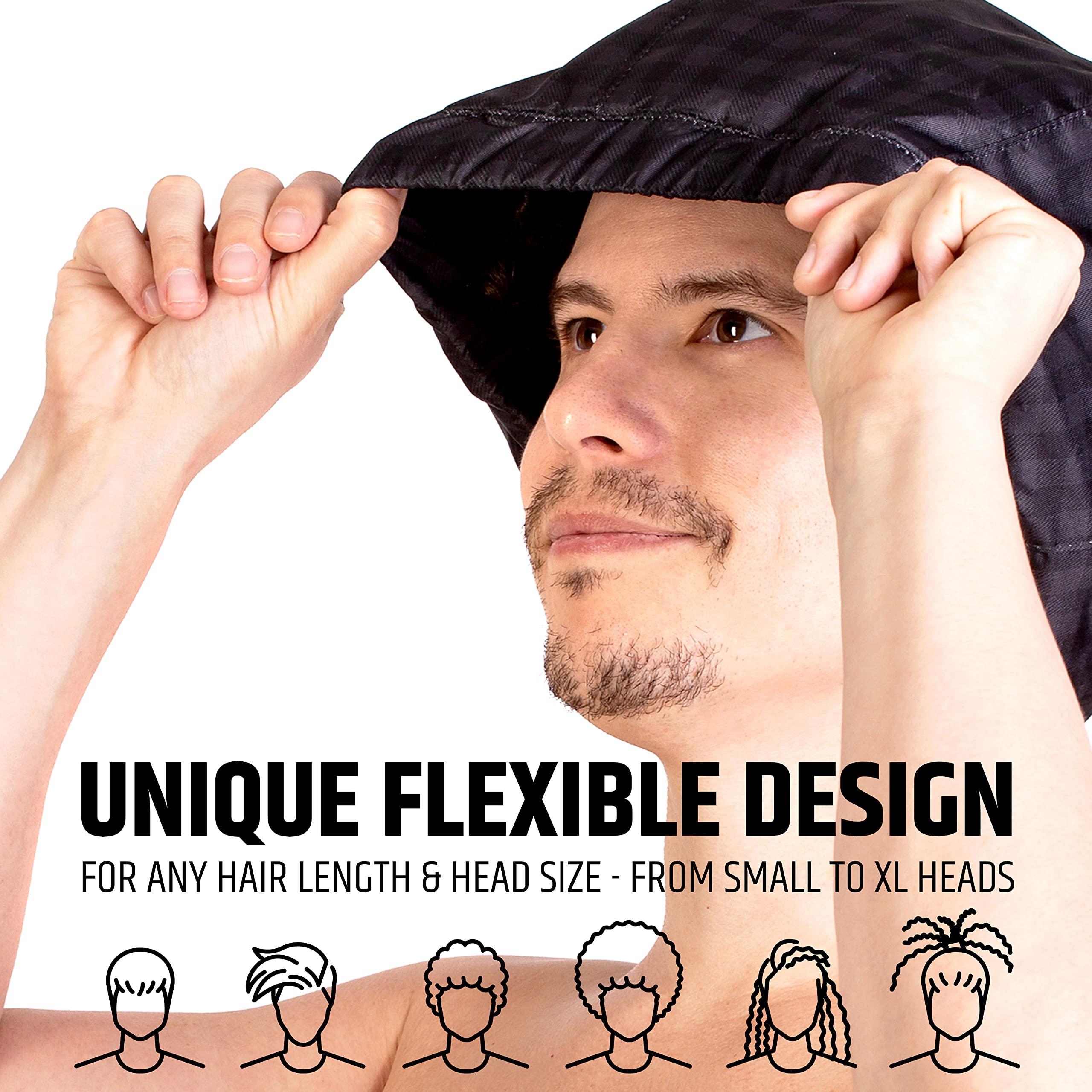 HAIRSOME cap-douche-homme-noir-impermeable-etanche pour cheveux au sec.