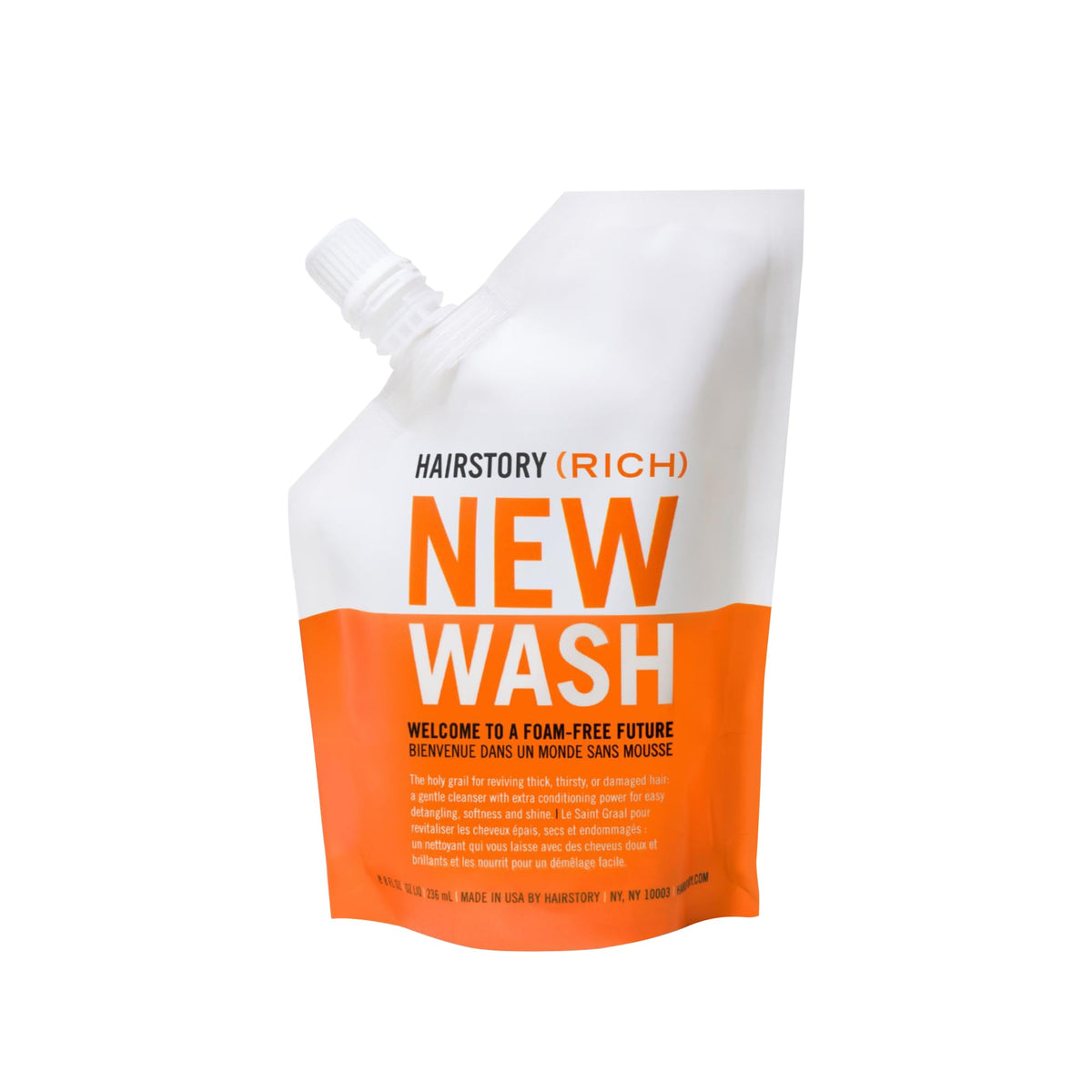 Hairstory New Wash Rich remplissage-bouteille, emballage pratique pour une routine simplifiée.