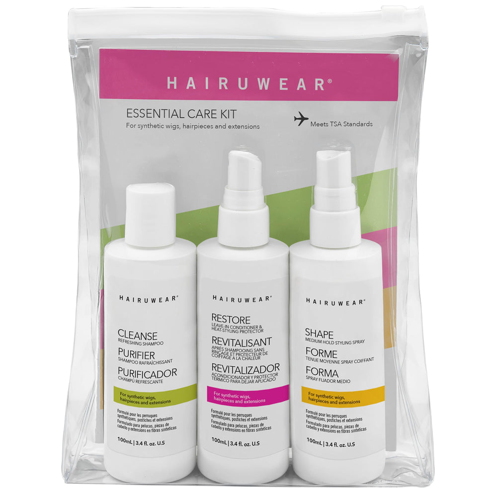 HairUWear kit voyage: vue d'ensemble du soin pour perruques et extensions, pratique en déplacement.