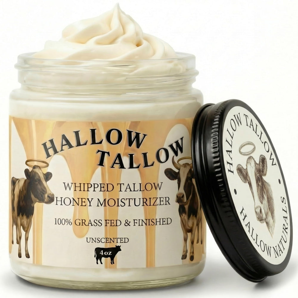 Hallow Naturals Tallow Fouetté: bouteille et étiquette, hydratation quotidienne pour visage et corps