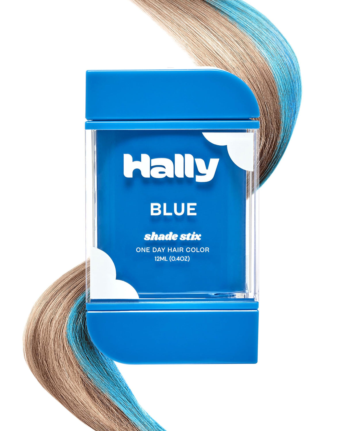 Shade Stix bleu de Hally Hair sur cheveux, couleur temporaire facile à appliquer et lavable.