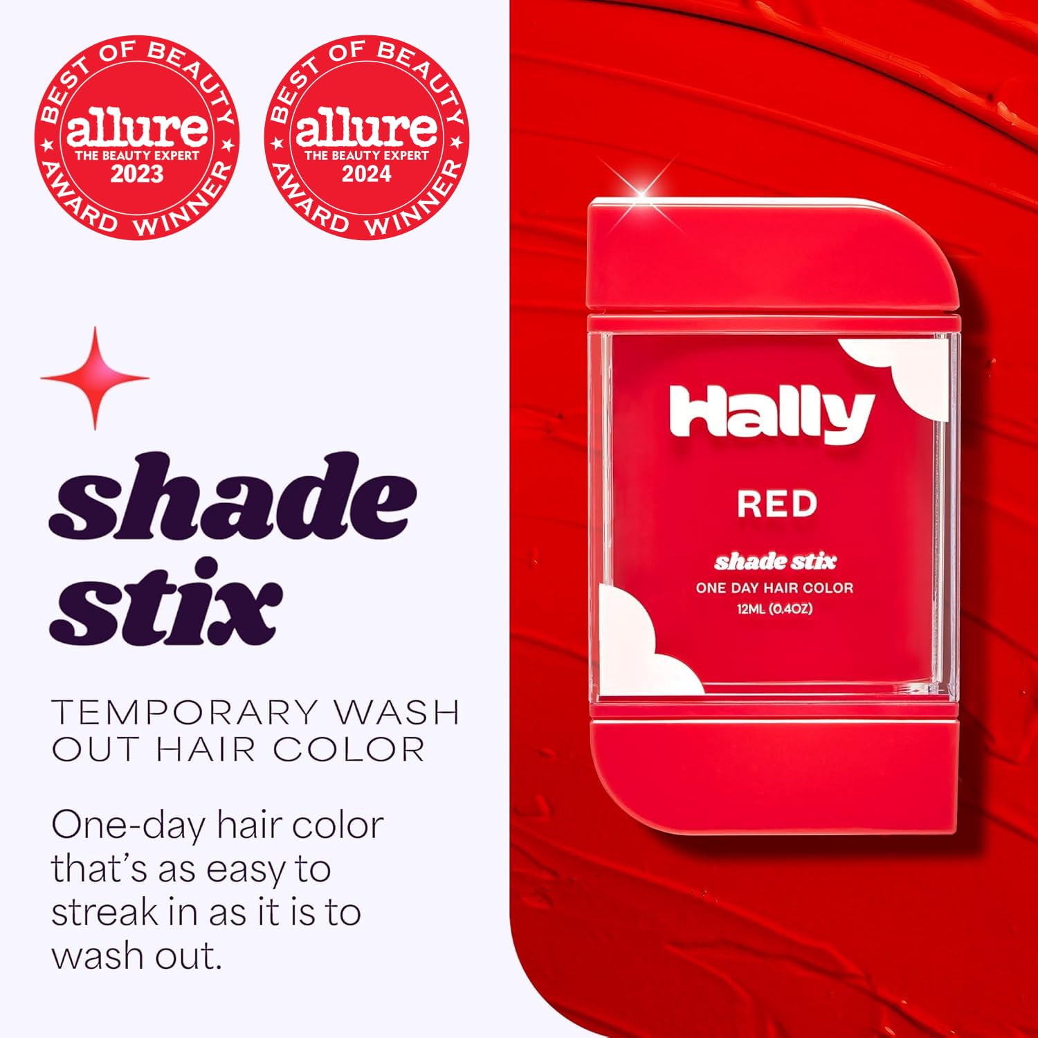 Shade Stix rouge sur cheveux bruns, couleur vive et lavage simple