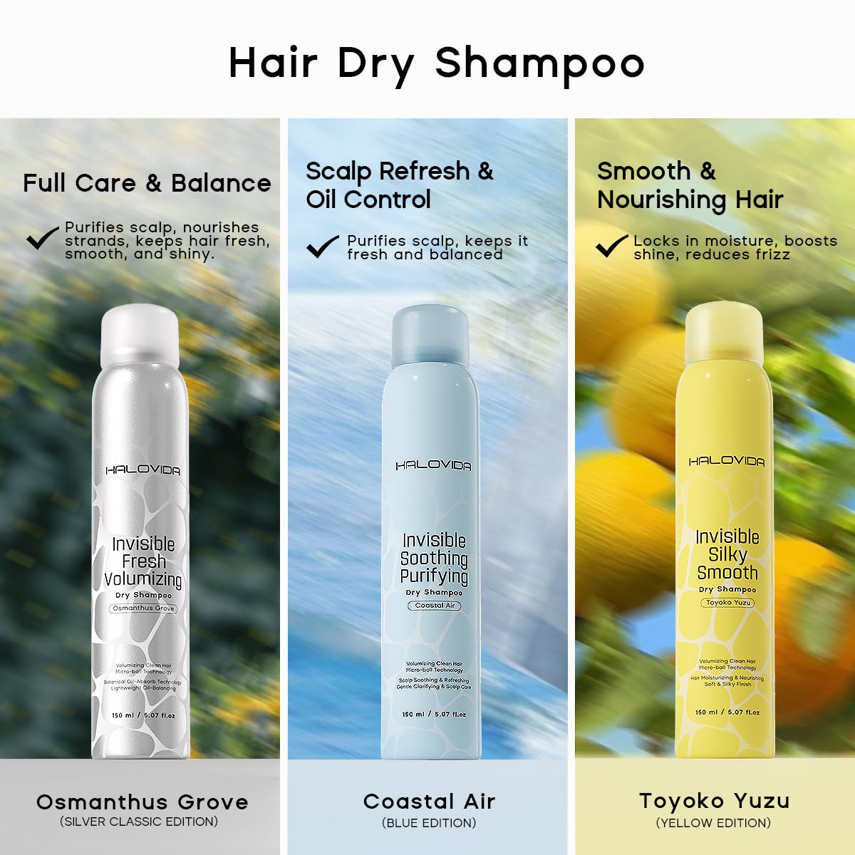 HALOVIDA Shampooing Sec Invisible Yuzu, absorption d’huile pour cheveux nets