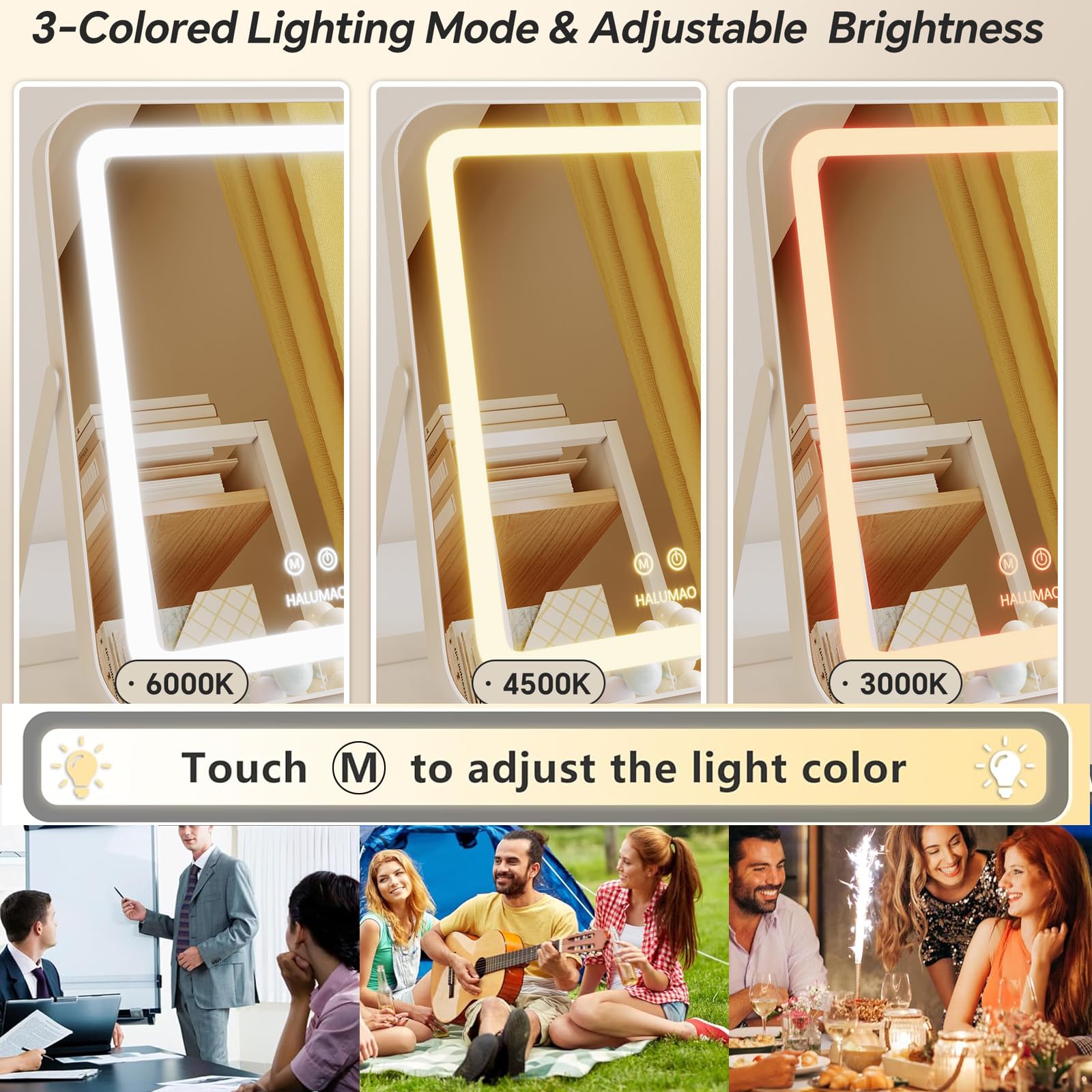 Halumao Miroir Vanity lumineux - contrôle tactile pour régler rapidement la luminosité.