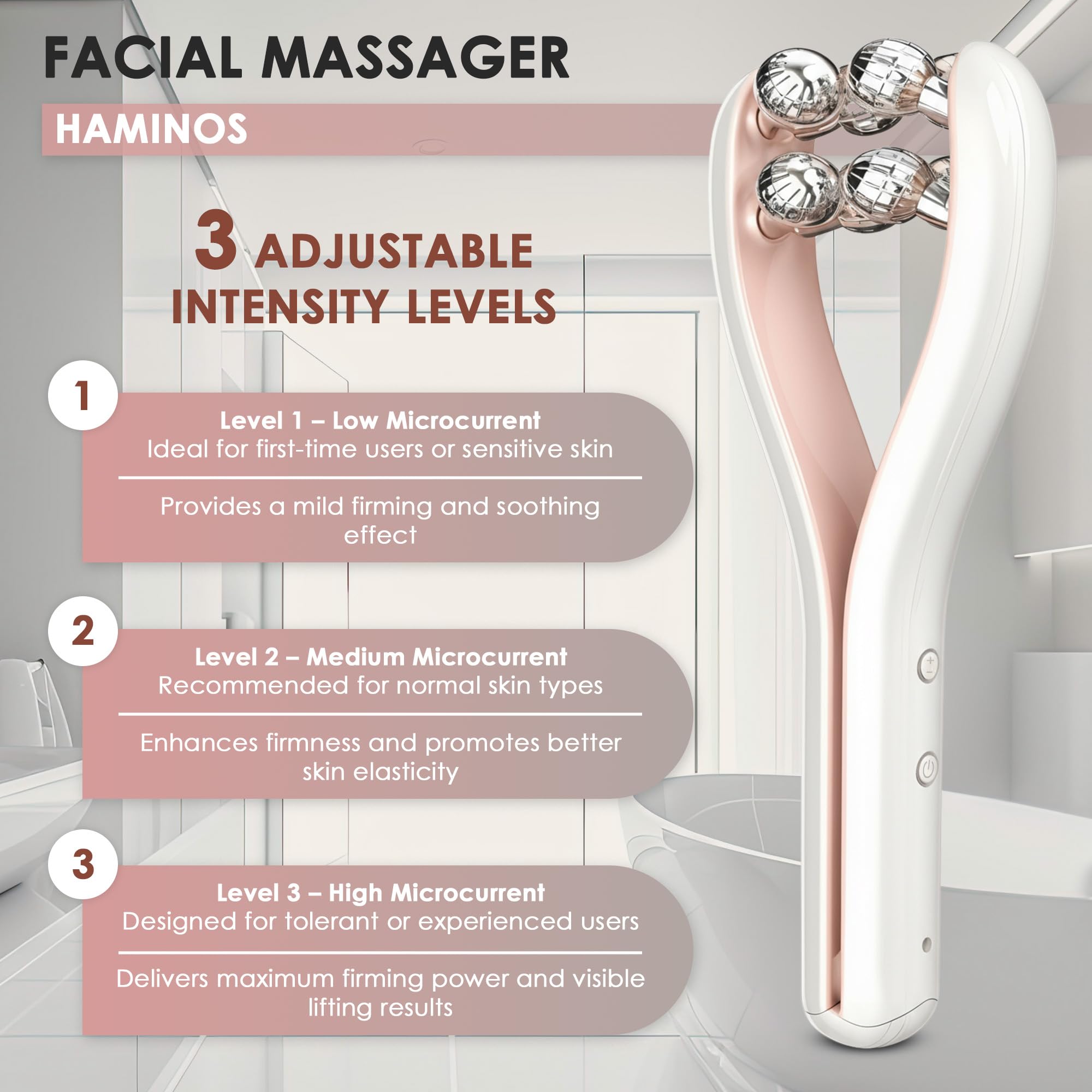 HAMINOS Massageur visage offre trois niveaux d’intensité personnalisables