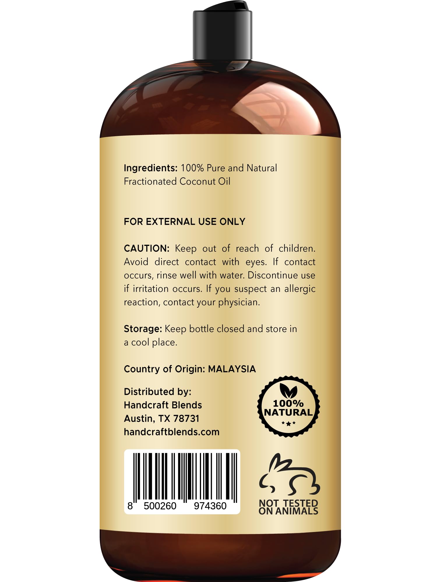 Handcraft Blends huile de coco fractionnée pour massage, absorption rapide et douceur.