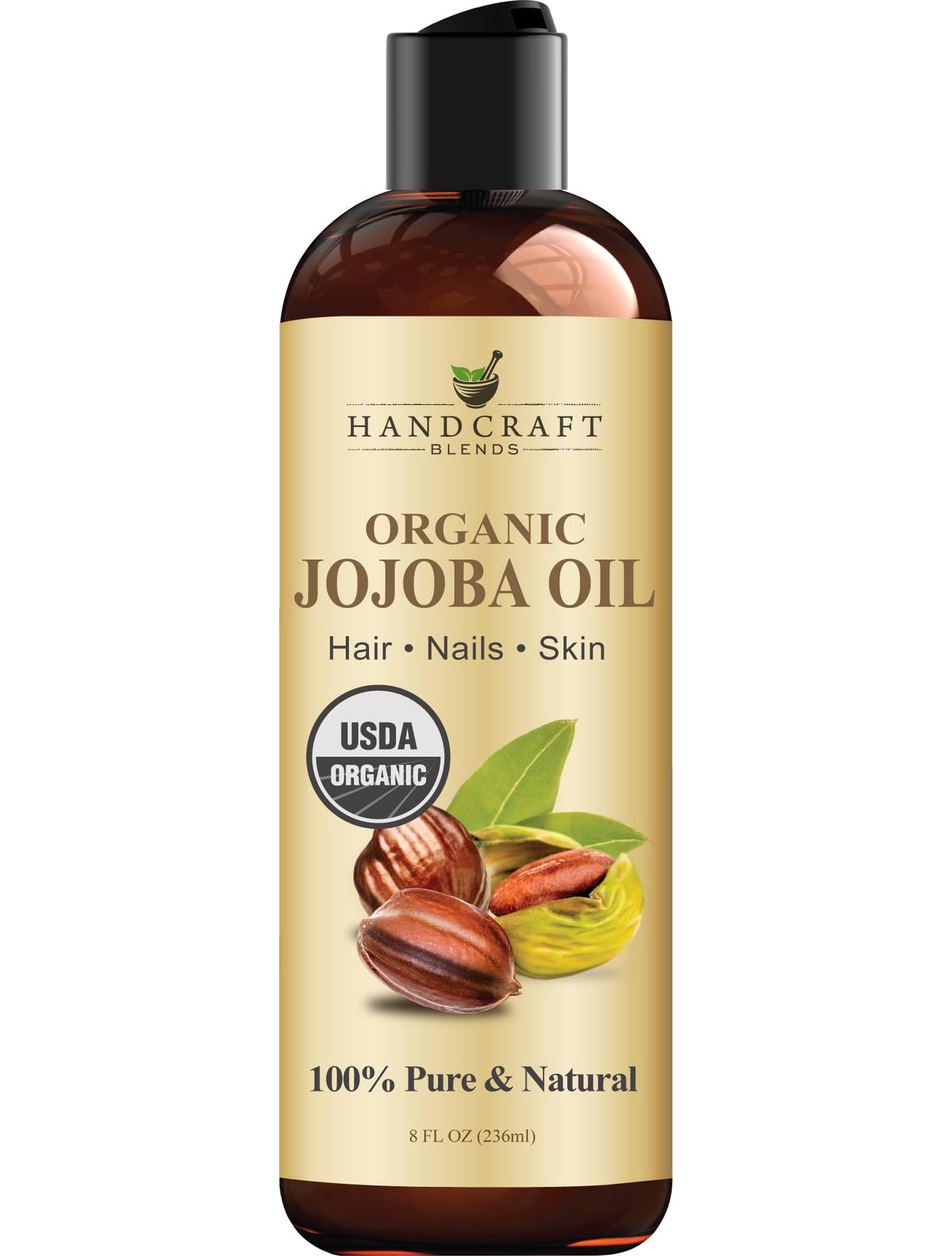 Handcraft Blends Huile de jojoba, bouteille claire, hydratation légère et rapide.