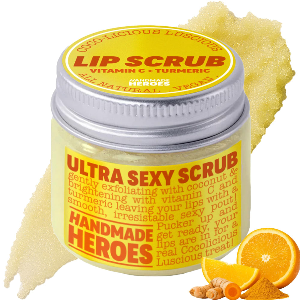 Handmade Heroes gommage lèvres curcuma vitamine C, emballage pot, exfoliant naturel pour des lèvres douces.