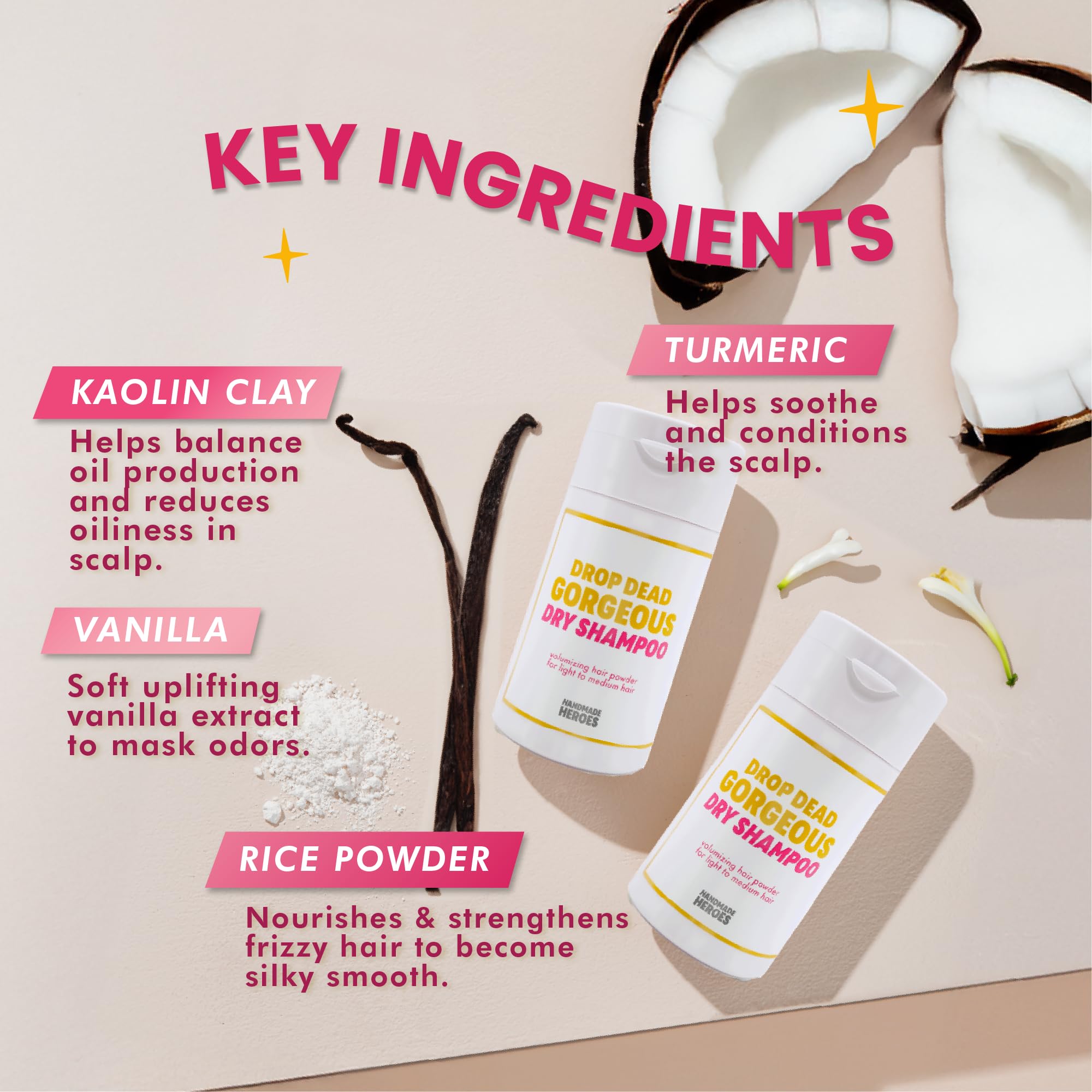 Ingrédients kaolin et argile de Handmade Heroes, rafraîchit en douceur le cuir chevelu.