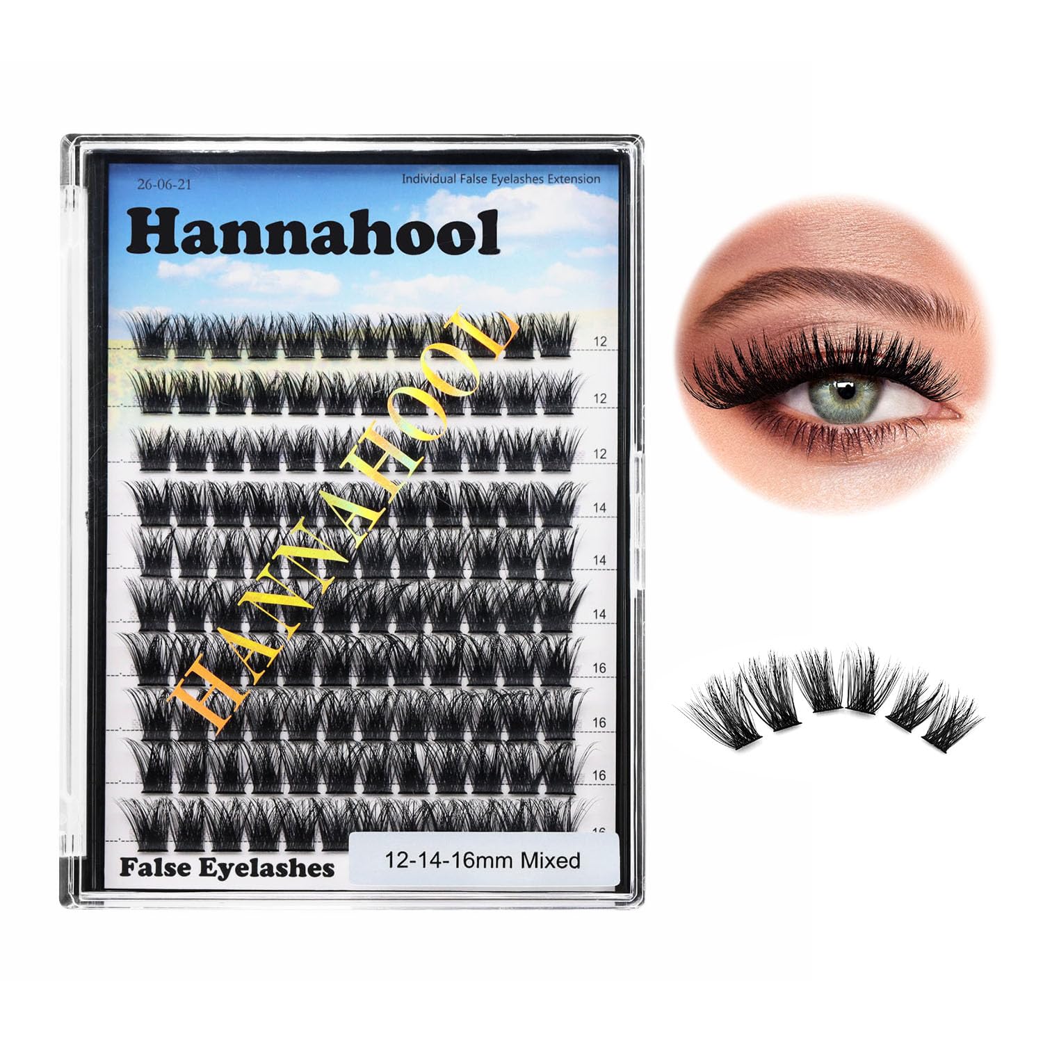Cils Hannahool D Curl en cluster 10-12-14-16mm, effet volumineux et naturel.
