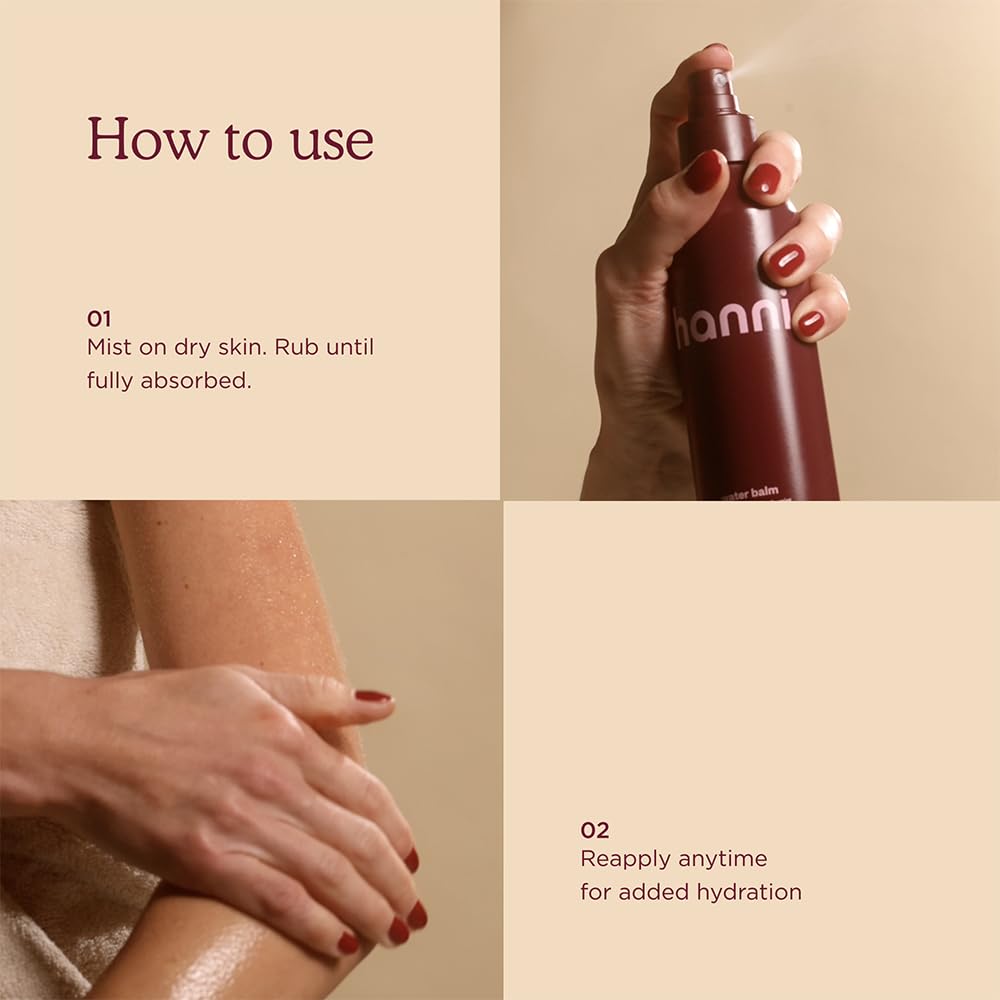 HANNI Water Balm: vaporiser sur peau sèche ou humide, réappliquer selon vos besoins.