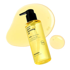 Hanskin huile démaquillante - bouteille visible et pores nets après nettoyage.
