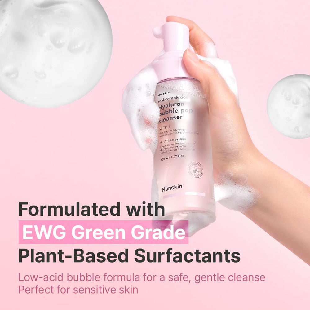 Hanskin Hyaluron Bubble Pop Cleanser, bulle-rose-douceur : texture legere pour peau sensible.