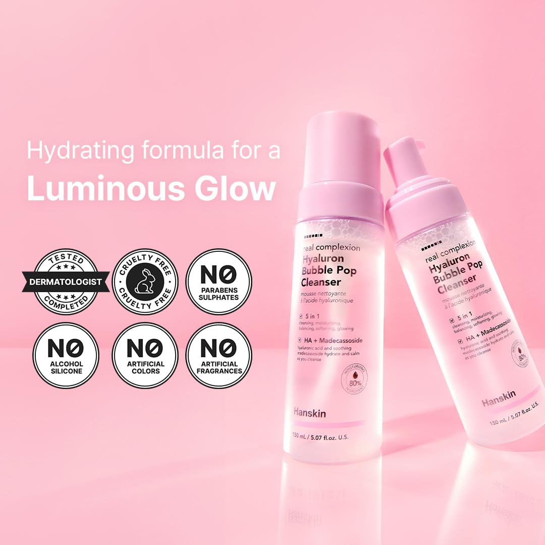 Hanskin Hyaluron Bubble Pop Cleanser, eclat-rose : prepare la peau a la routine de soin.