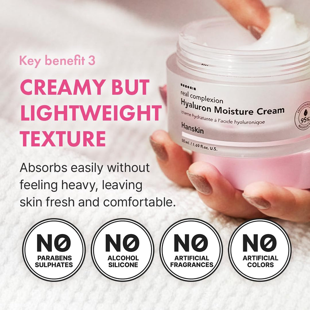 Focus sur le complexe hyaluronique Hanskin pour une hydratation visible.