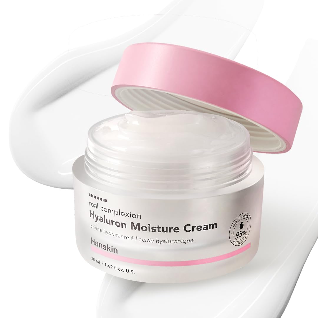 Hanskin Hyaluron Moisture Cream; emballage bouteille, hydratation durable.