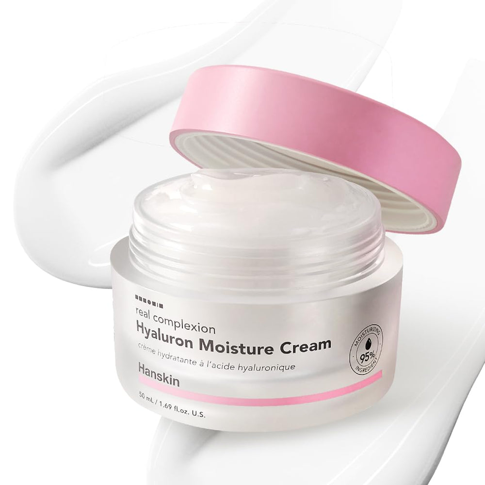 Hanskin Hyaluron Moisture Cream; emballage bouteille, hydratation durable.