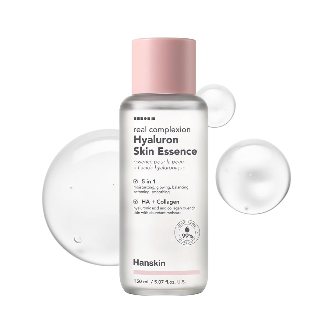 Hanskin Hyaluron Toner bouteille et essence-peau-verre, hydratation durable.