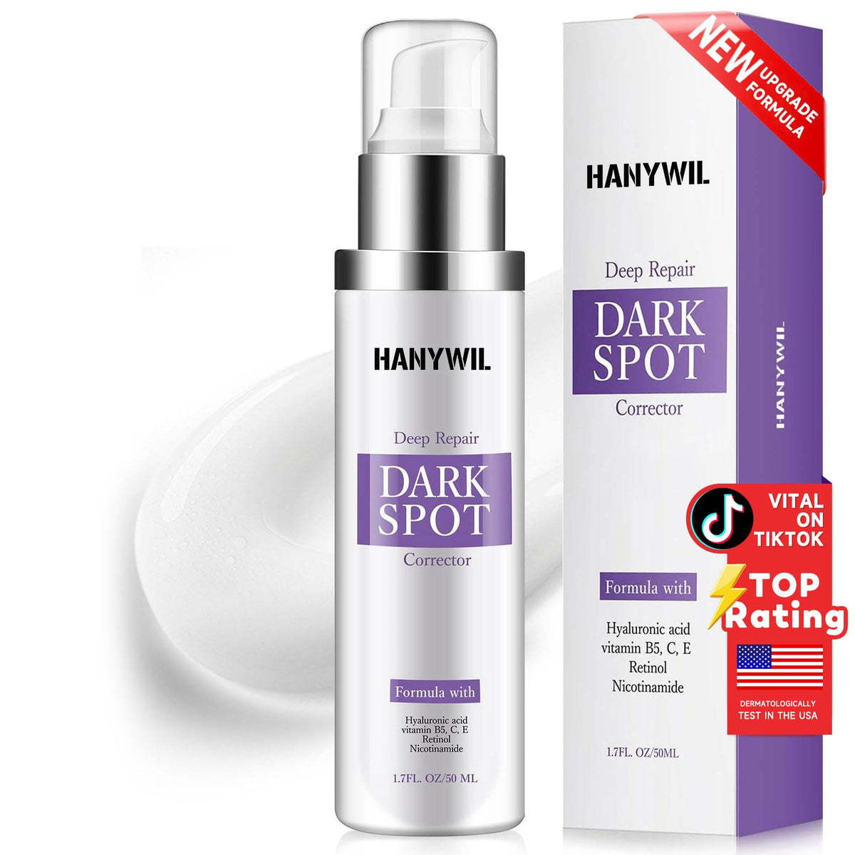 HANYWIL dark-spot serum bottle-front showing actives for clearer-looking skin