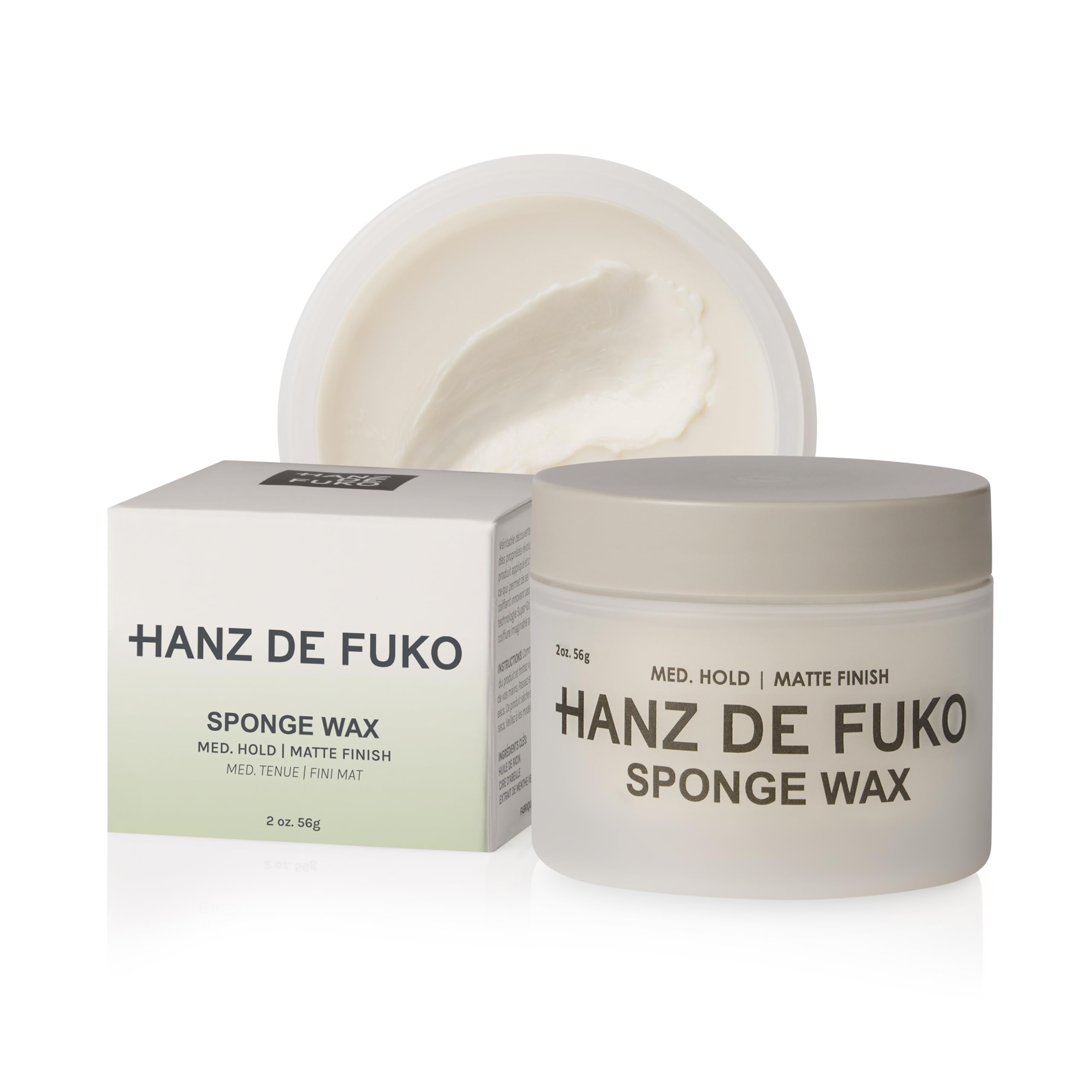 Hanz de Fuko Sponge Wax bouteille visible, fini semi-mat durable.