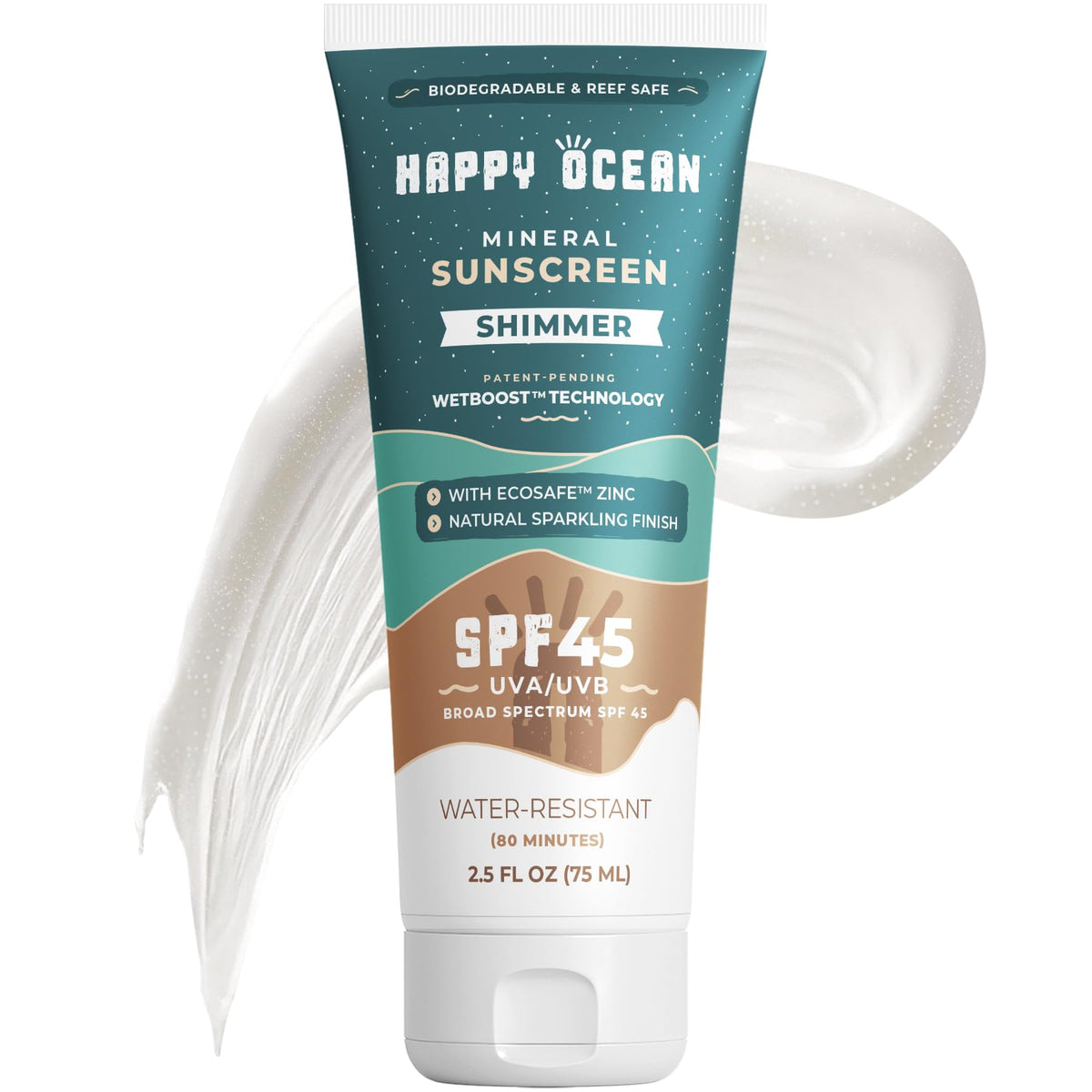 Happy Ocean SPF45, bouteille minérale avec fini scintillant pour visage et corps