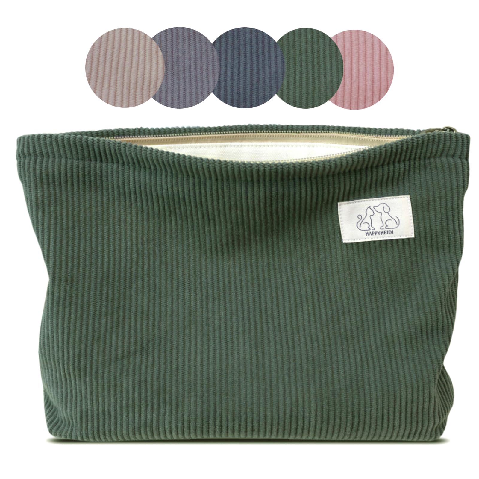 HappyHEIDI pochette velours côtelé bleu marine ouverte pour accès rapide en voyage.