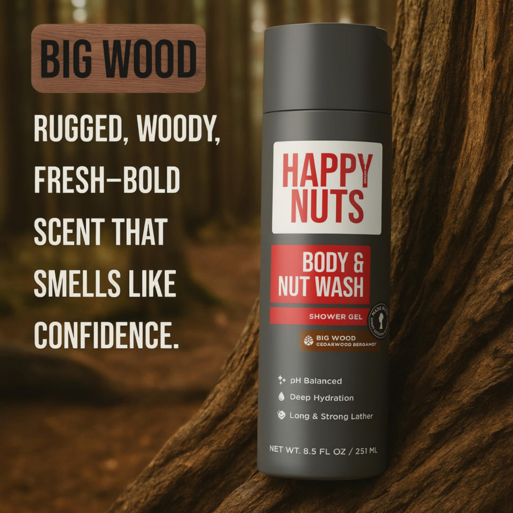 HAPPY NUTS Big Wood: soin corporel masculin, énergie et fraîcheur au quotidien.
