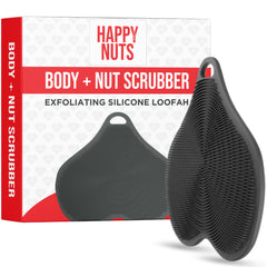 HAPPY NUTS brosse silicone-corps, gros plan sur la texture exfoliante pour peau sensible