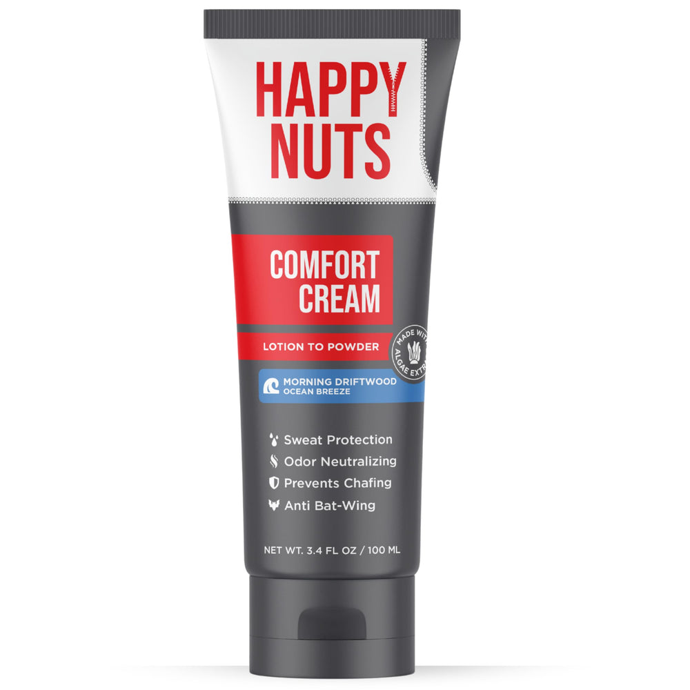 Happy Nuts Comfort Cream Deodorant montre la bouteille facile à appliquer pour une protection durable.