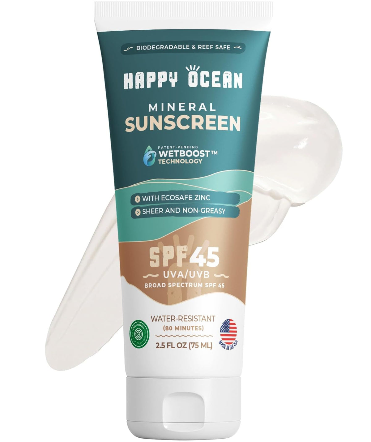 Happy Ocean crème solaire SPF45 dans la bouteille protégeant visage et corps.