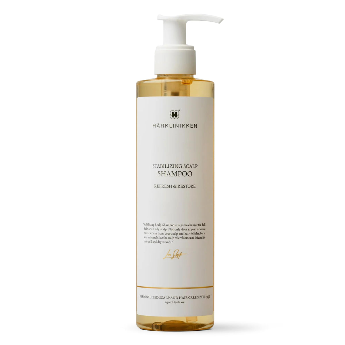 Harklinikken Shampooing Stabilisant – bouteille claire qui revitalise cuir chevelu et cheveux.