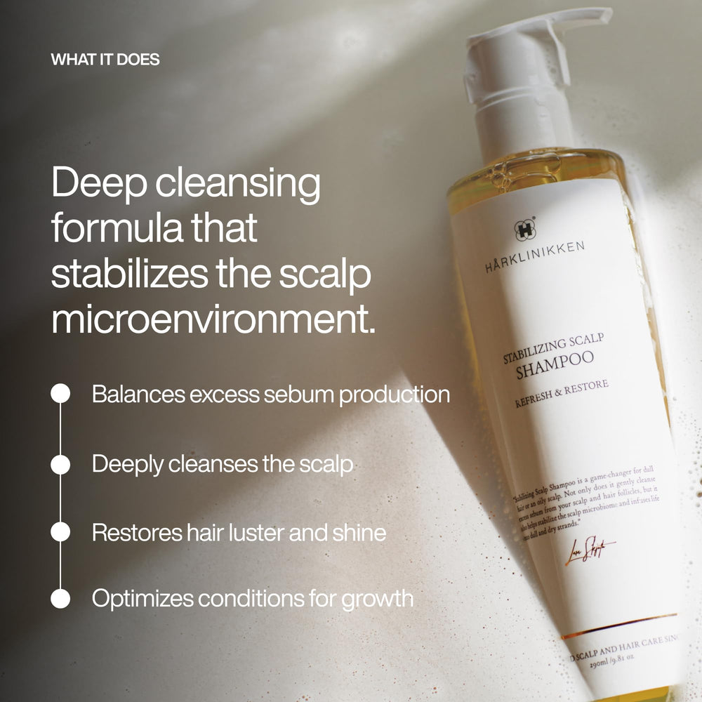 Harklinikken Shampooing Stabilisant – mousse onctueuse purifie sans dessécher.
