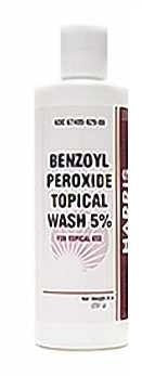 Harris Pharmaceuticals 5% benzoyl peroxide wash bottle for acne-prone skin.