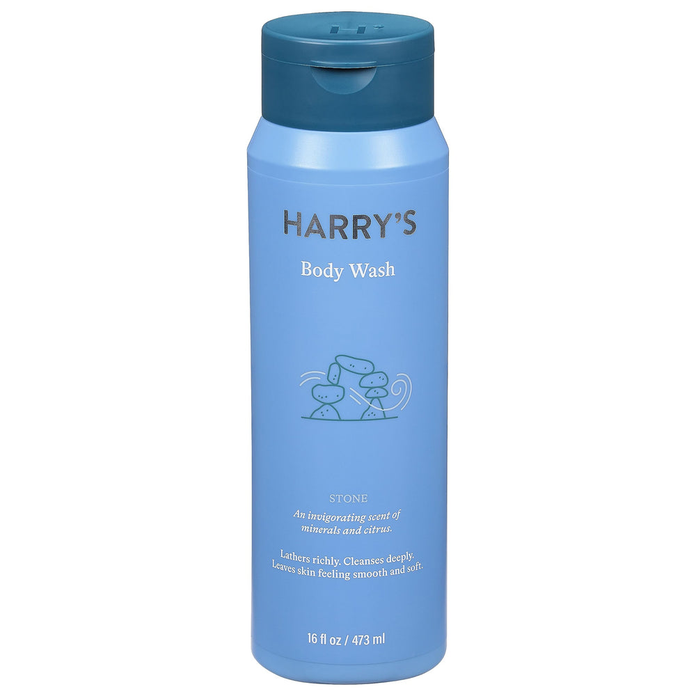 Harry's Stone Gel Douche, bouteille transparente, offre une douche quotidienne douce sans sulfates ni colorants.
