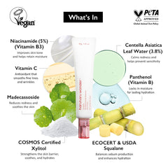 Aperçu des ingrédients clés: niacinamide, centella et vitamine C pour l’éclat.