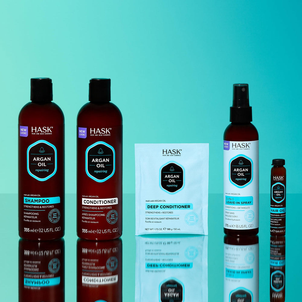 Application sur cheveux humides avec HASK, prépare les cheveux pour le rinçage et la suite