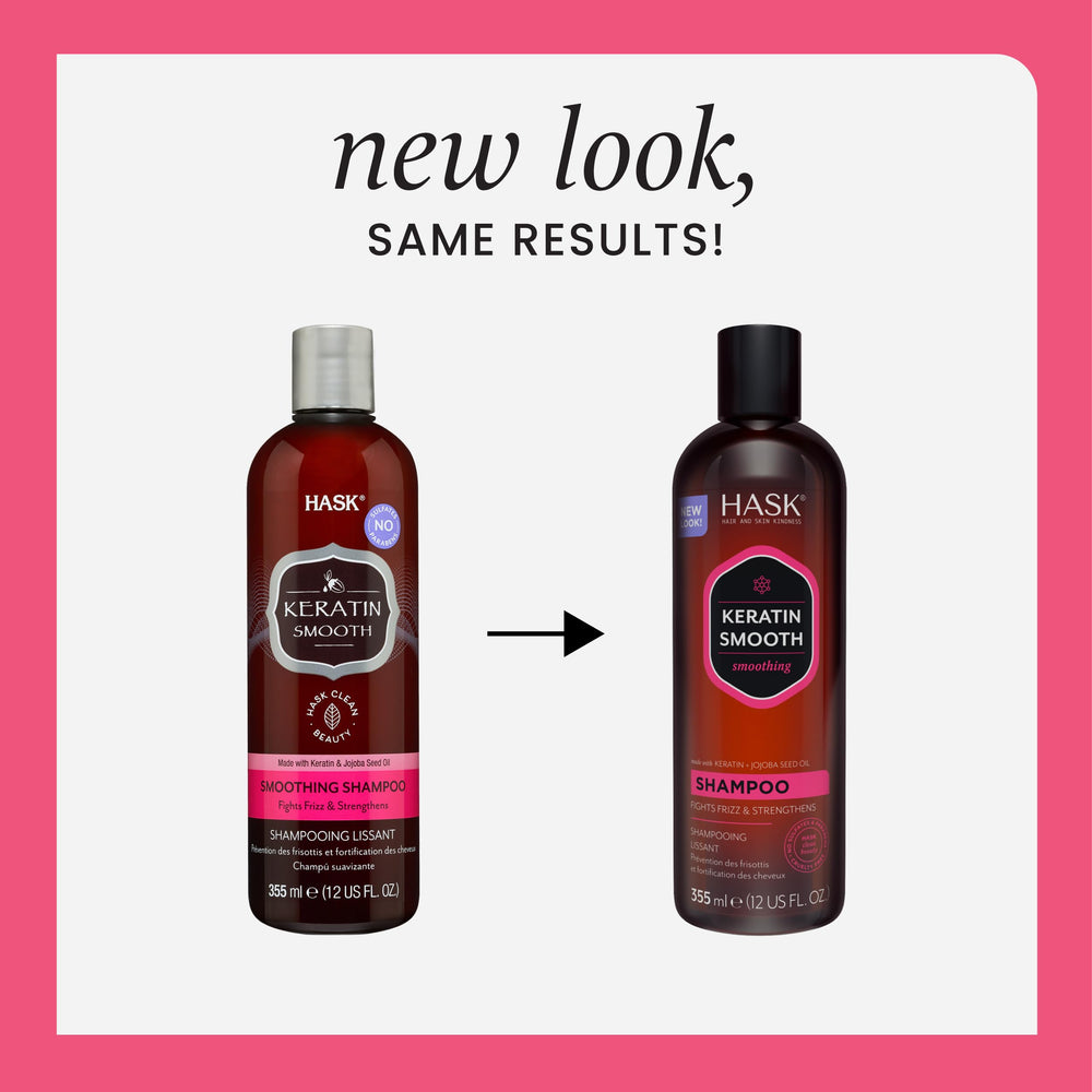 Après-shampoing Keratine Lissante HASK en bouteille, cheveux plus souples et brillants.