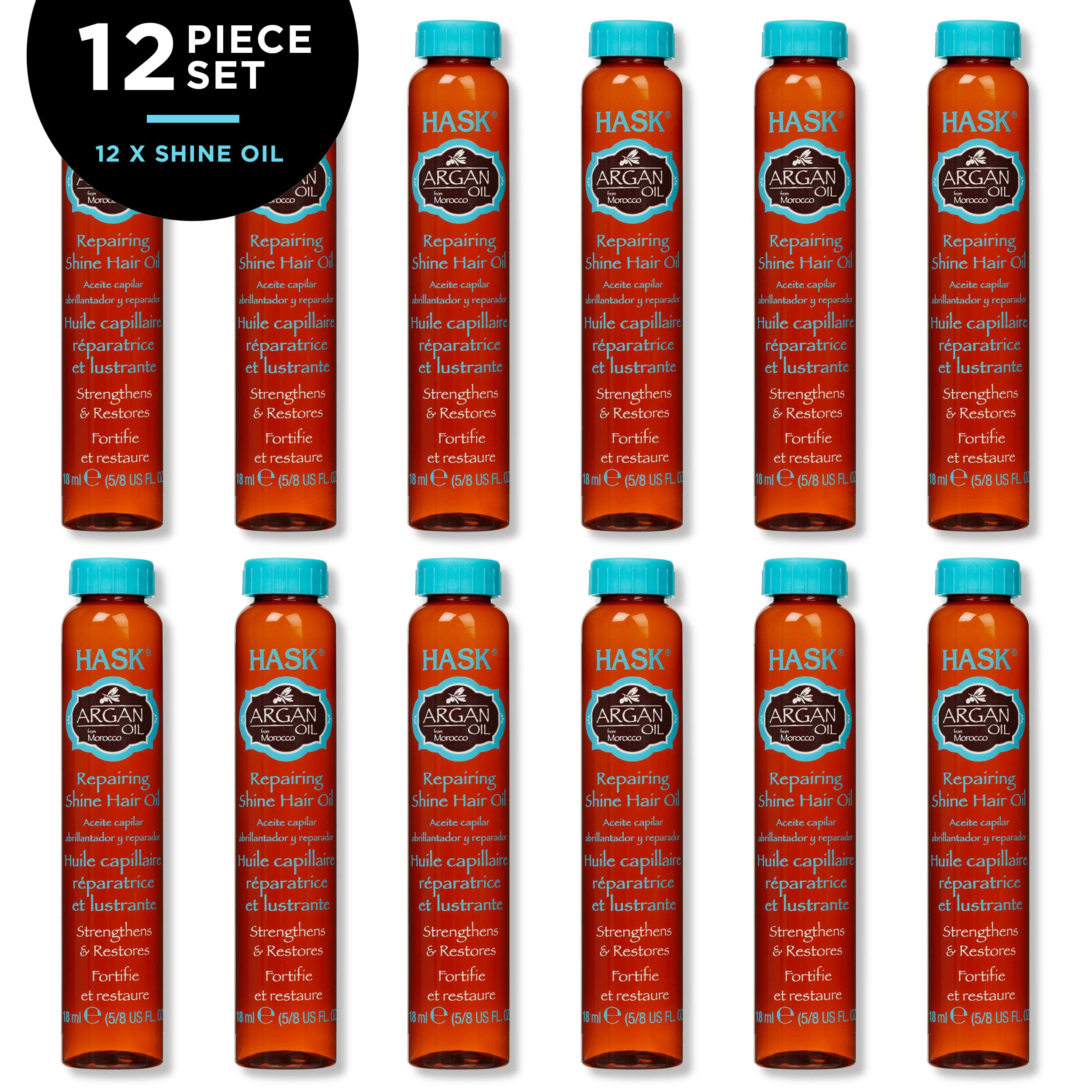 Kit HASK 12 flacons, prêt à renforcer les cheveux et lisser les frisottis.