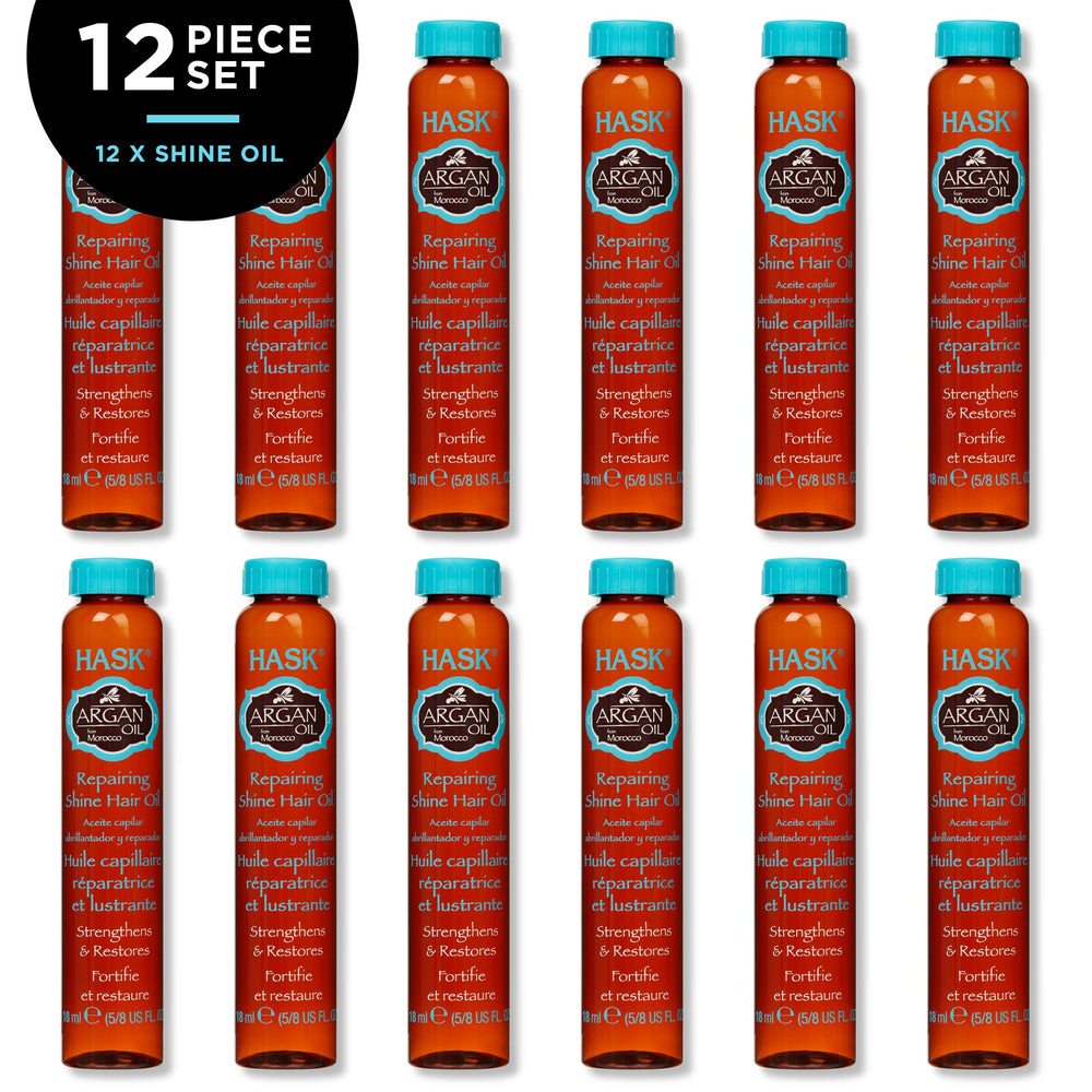 Kit HASK 12 flacons, prêt à renforcer les cheveux et lisser les frisottis.