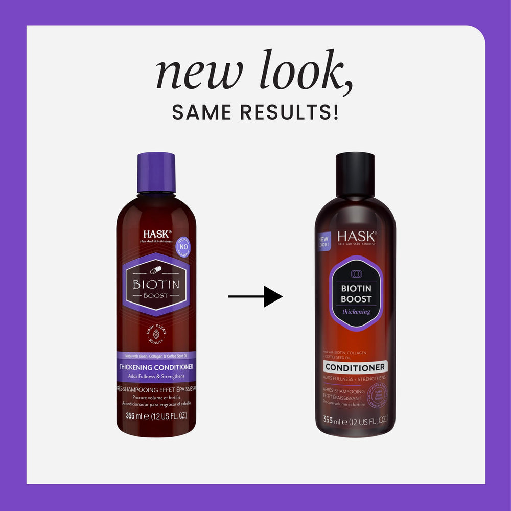 Bouteille après-shampooing HASK Biotin Boost, cheveux plus forts et résistants.