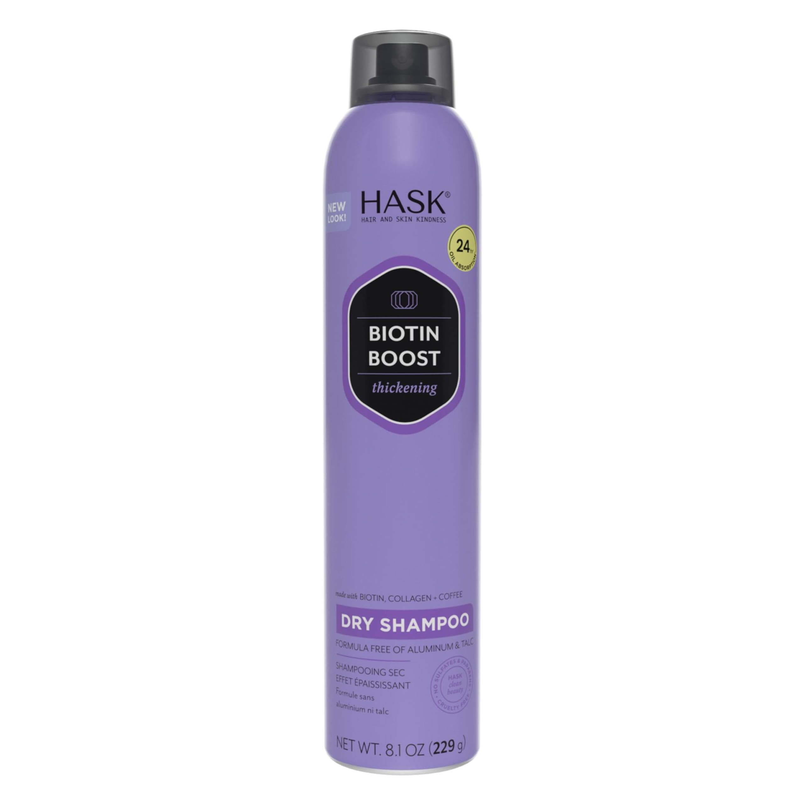 HASK Biotin Boost – bouteille de shampooing sec absorbant l’huile et rafraîchissant les cheveux.