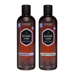 Shampooing HASK Blonde Care en bouteille, nettoyage doux pour cheveux blonds.