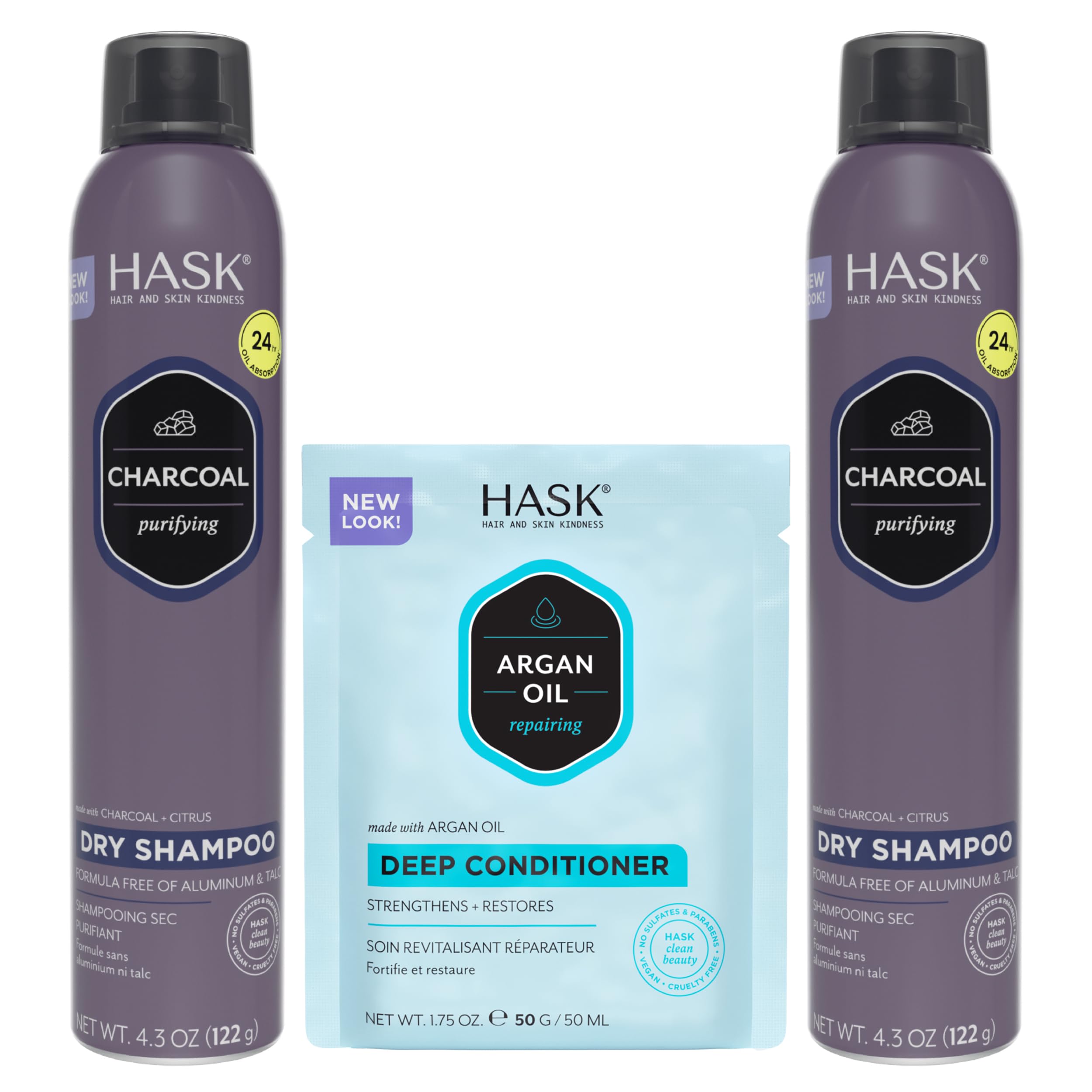 HASK Shampoing sec charbon, bouteille, rafraîchit les racines et absorbe l'excès de sébum.