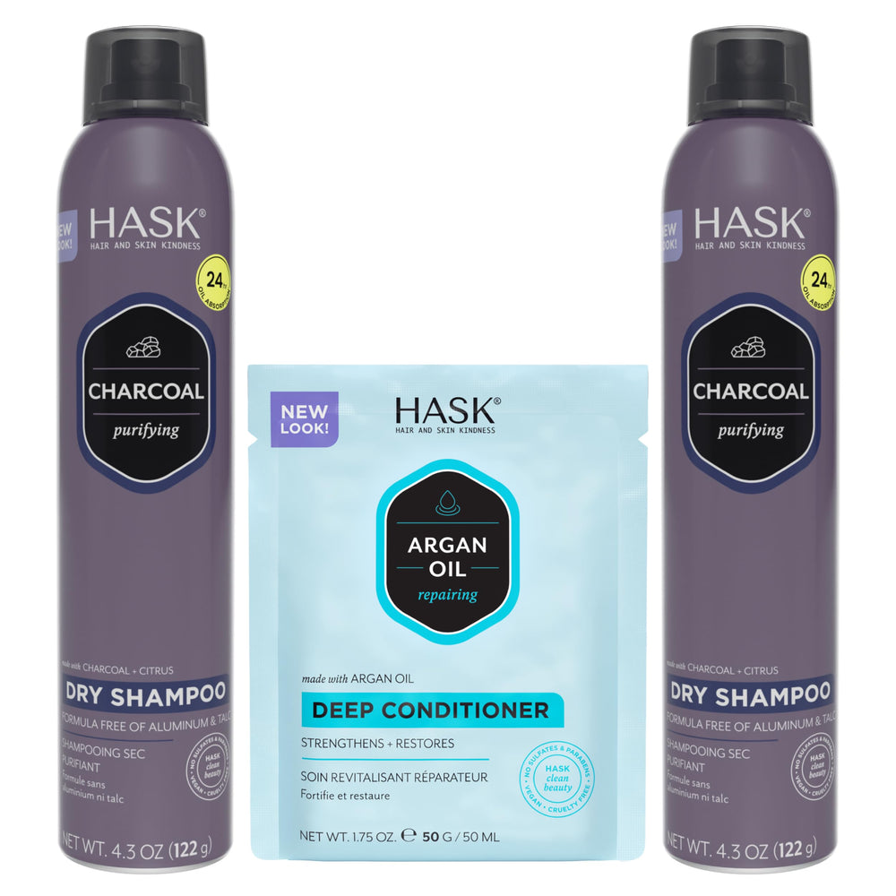 HASK Shampoing sec charbon, bouteille, rafraîchit les racines et absorbe l'excès de sébum.