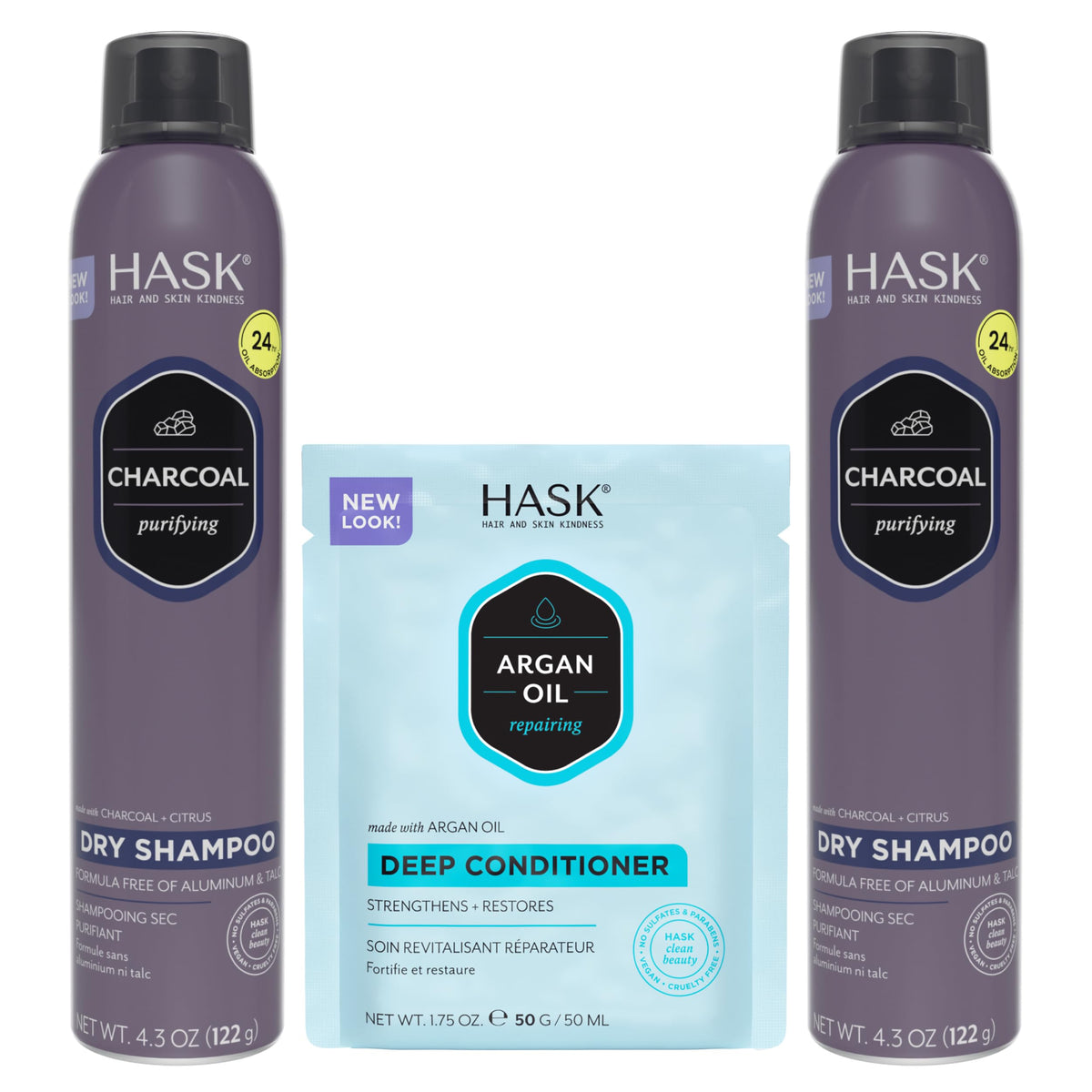 HASK Shampoing sec charbon, bouteille, rafraîchit les racines et absorbe l'excès de sébum.