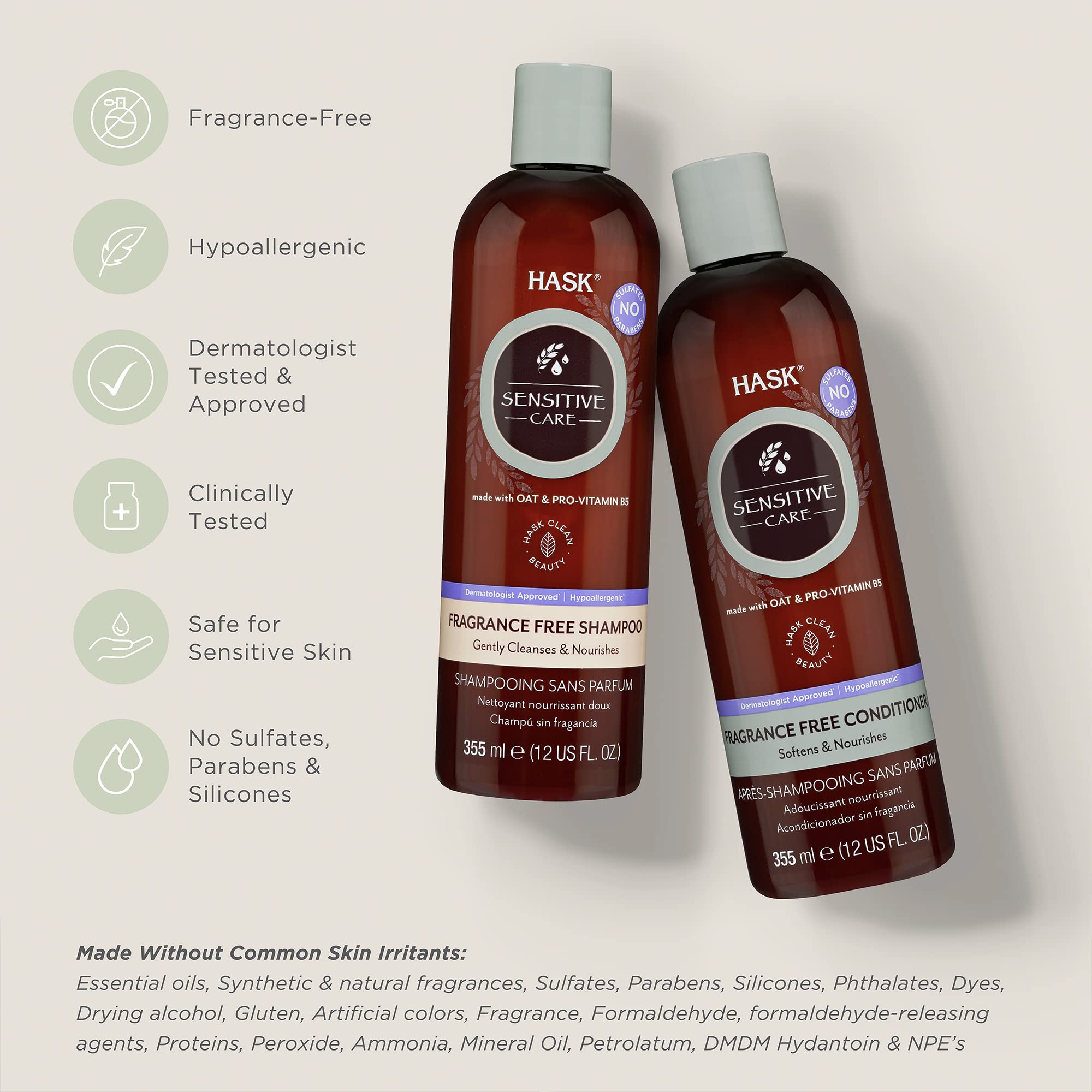 Conditionneur sensitive HASK en bouteille, cheveux plus soyeux sans irritations.