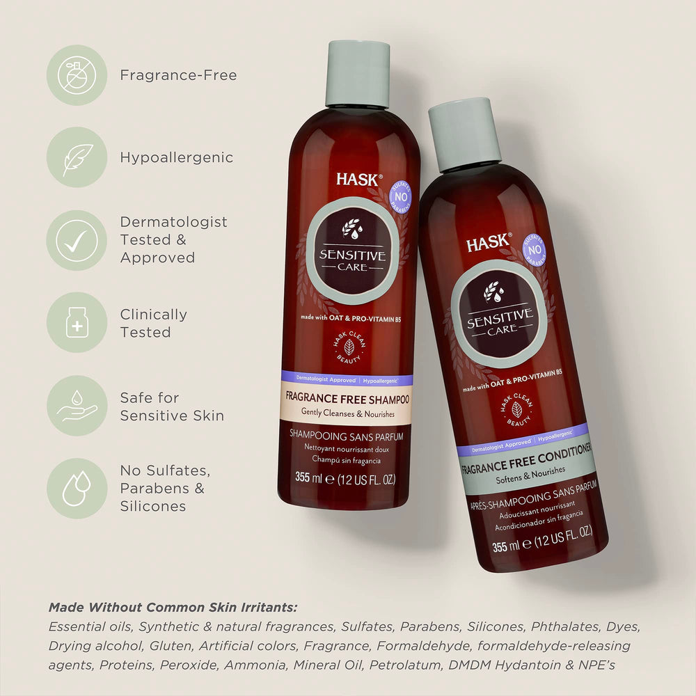 Conditionneur sensitive HASK en bouteille, cheveux plus soyeux sans irritations.