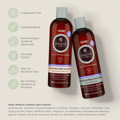 Conditionneur sensitive HASK en bouteille, cheveux plus soyeux sans irritations.
