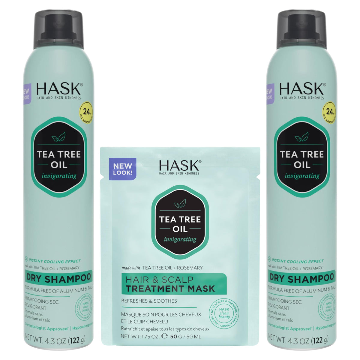 Shampoing sec HASK Biotine Boost en flacon, rafraîchit rapidement les cheveux.