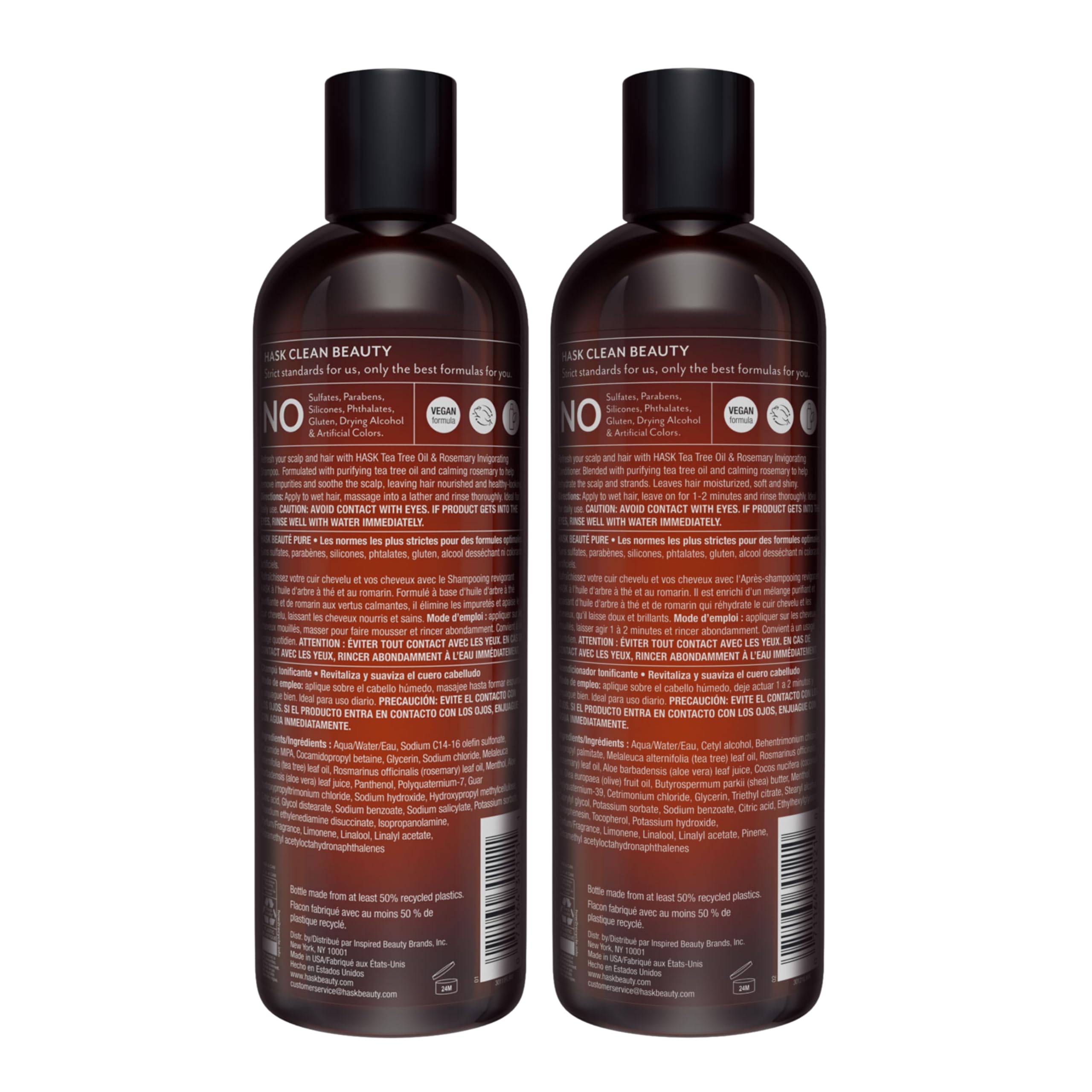 Duo shampoing et après-shampoing HASK alignés sur plan de bain.